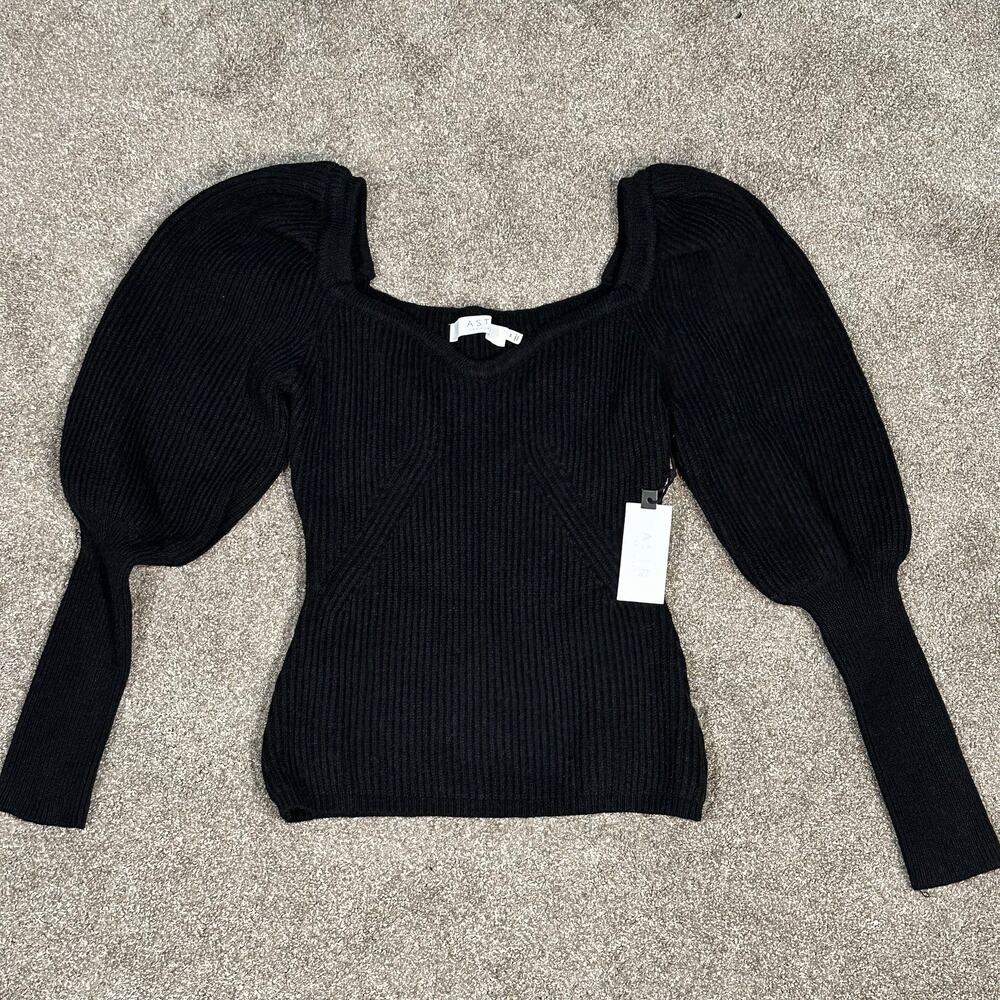 ASTR The Label Esma Puff Sleeve Sweater Black Ribbed Knit V-Neck Women's Medium